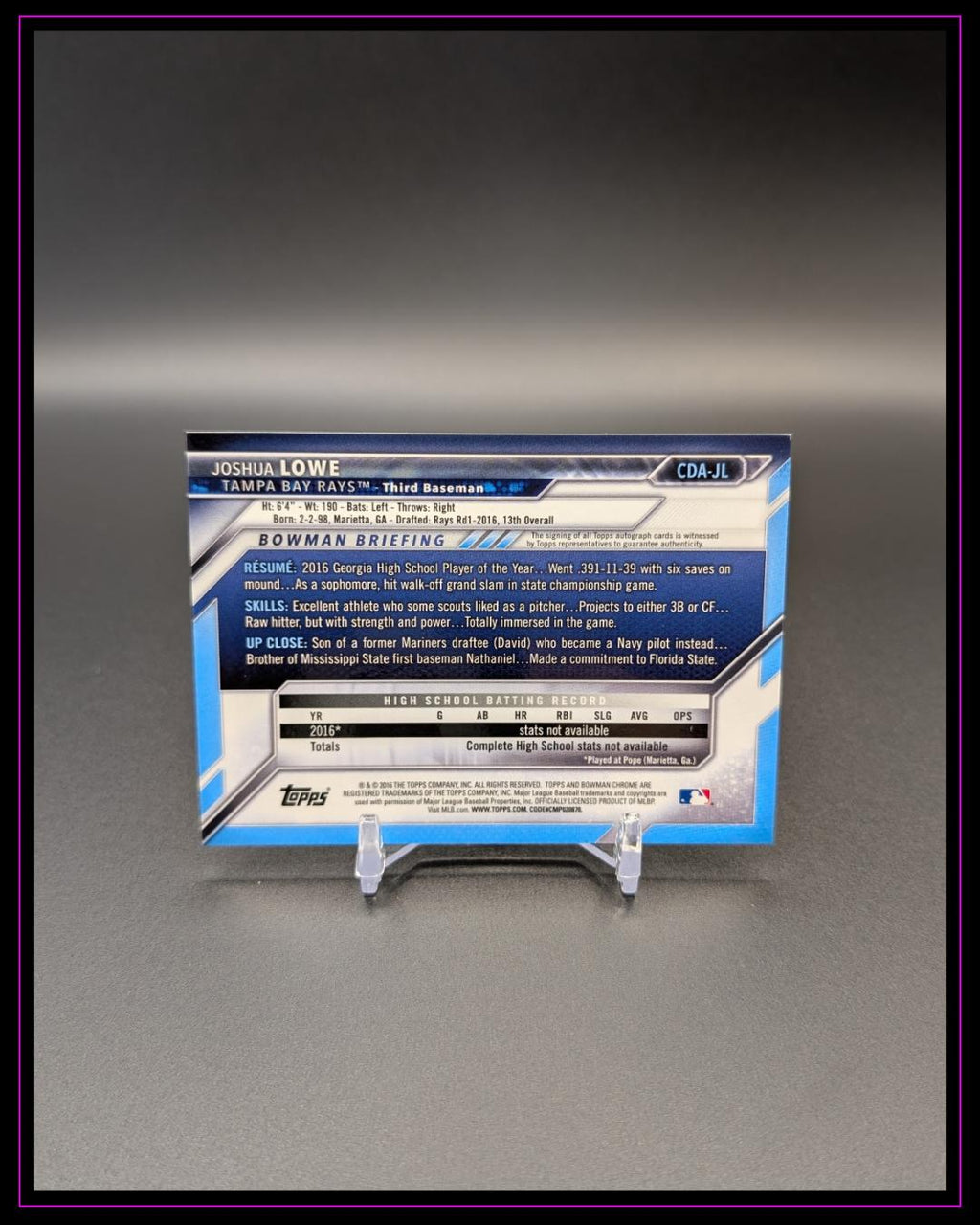 2016 Bowman Draft #CDA-JL Joshua Lowe Chrome Draft Pick Autographs