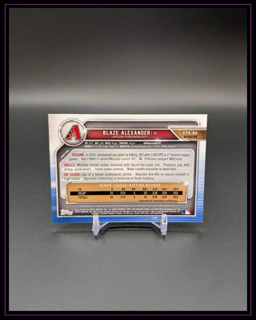 Rückseite einer Blaze Alexander Baseball-Trading Card mit Statistiken und Profiltext, Arizona Diamondbacks.