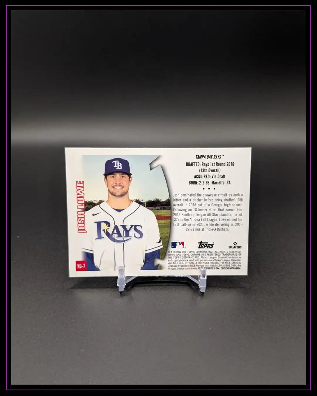 Rückseite einer Baseball Trading Card mit Spielerportrait, Statistik und Biografie auf schwarzem Hintergrund.