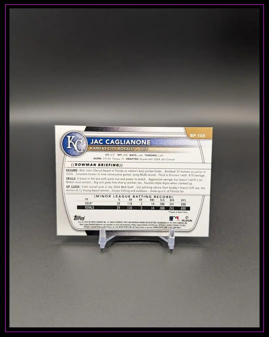 Rückseite einer Jac Caglianone Baseball Trading Card der Kansas City Royals, Text und Statistiken gut lesbar