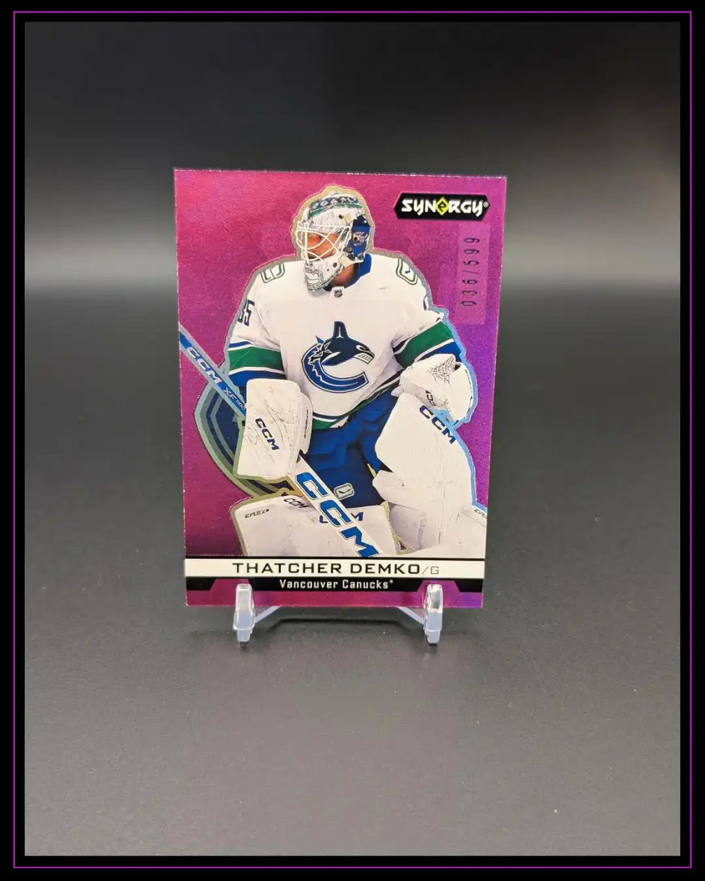 Eishockey Trading Card Thatcher Demko Vancouver Canucks lila Hintergrund Sammlerstück