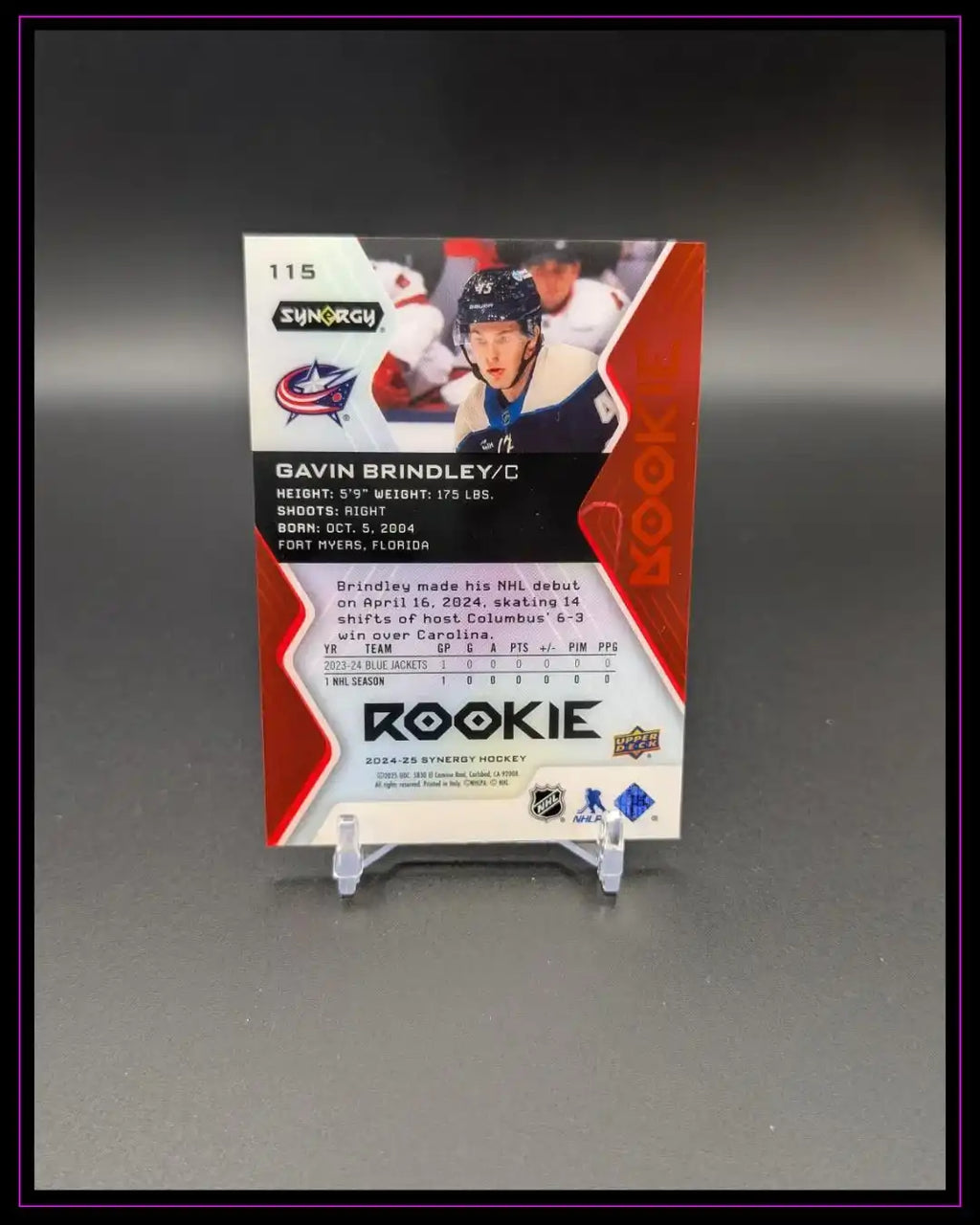 Eishockey Rookie-Trading Card Gavin Brindley 2024, Rückseite, Stats und Teamlogo sichtbar.