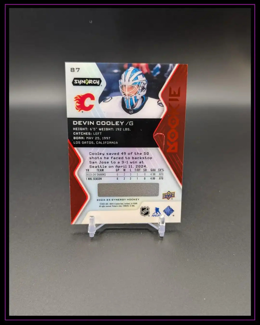 Eishockey Rookie-Trading Card Devin Cooley Rückseite, Synergy Serie, Statistiken sichtbar