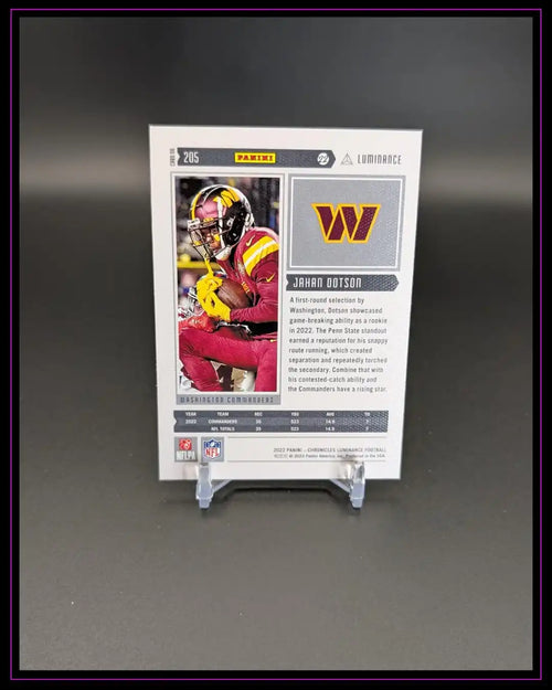 Rückseite einer Panini NFL Sammelkarte mit Spielerbild, Text und Statistiken, auf Kartenständer.