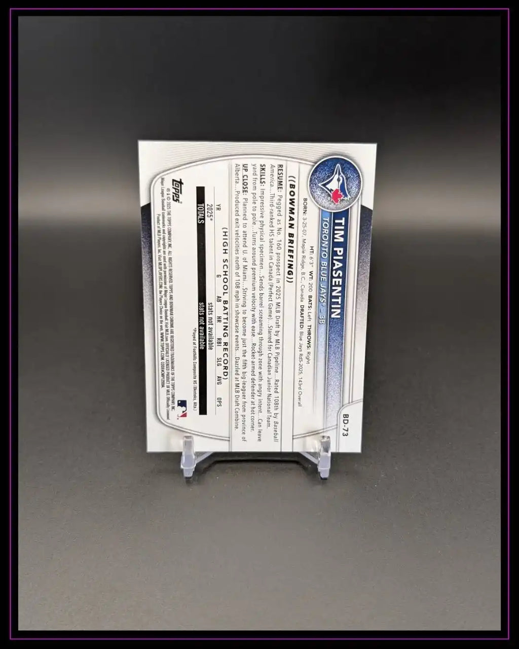 Baseball Trading Card Rückseite mit Spielerinfos und Statistiken auf schwarzem Hintergrund