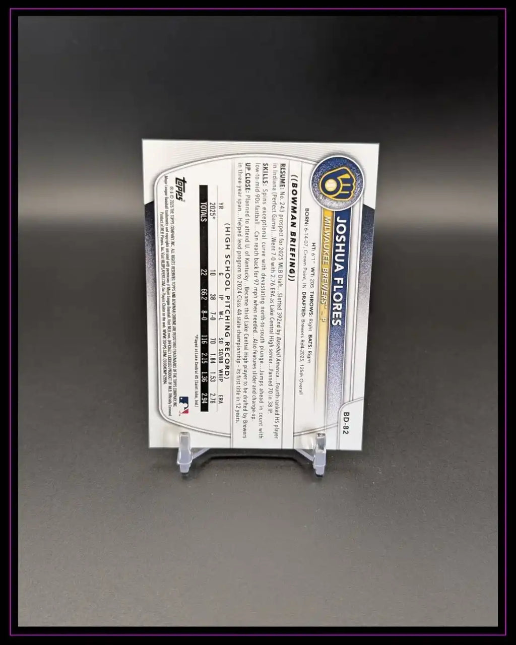 Rückseite einer Baseball-Trading-Card, Statistiken und Infos, Joshua Flores, auf Ständer