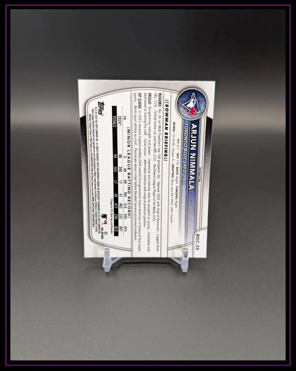 Baseball-Trading Card Rückseite auf Ständer, Toronto Blue Jays, Spielerstatistiken sichtbar.