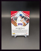 Rückseite einer Trading Card mit Bild eines Baseballspielers, TCU Logo und Payton Tolle Beschreibung