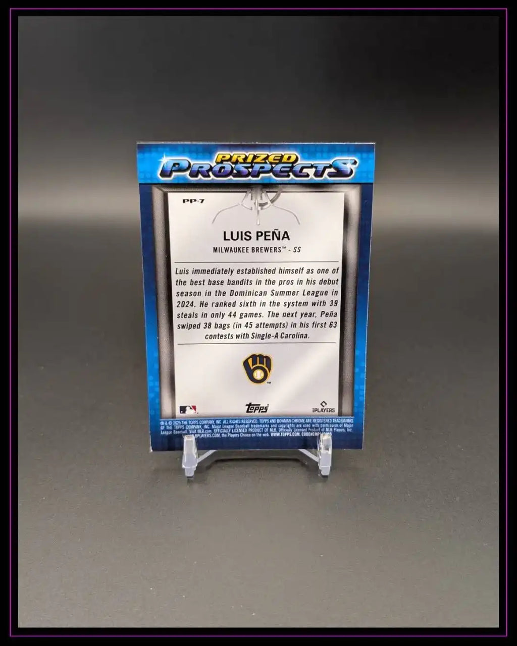 Baseball Trading Card Rückseite, Luis Peña Milwaukee Brewers, Prized Prospects, auf Ständer