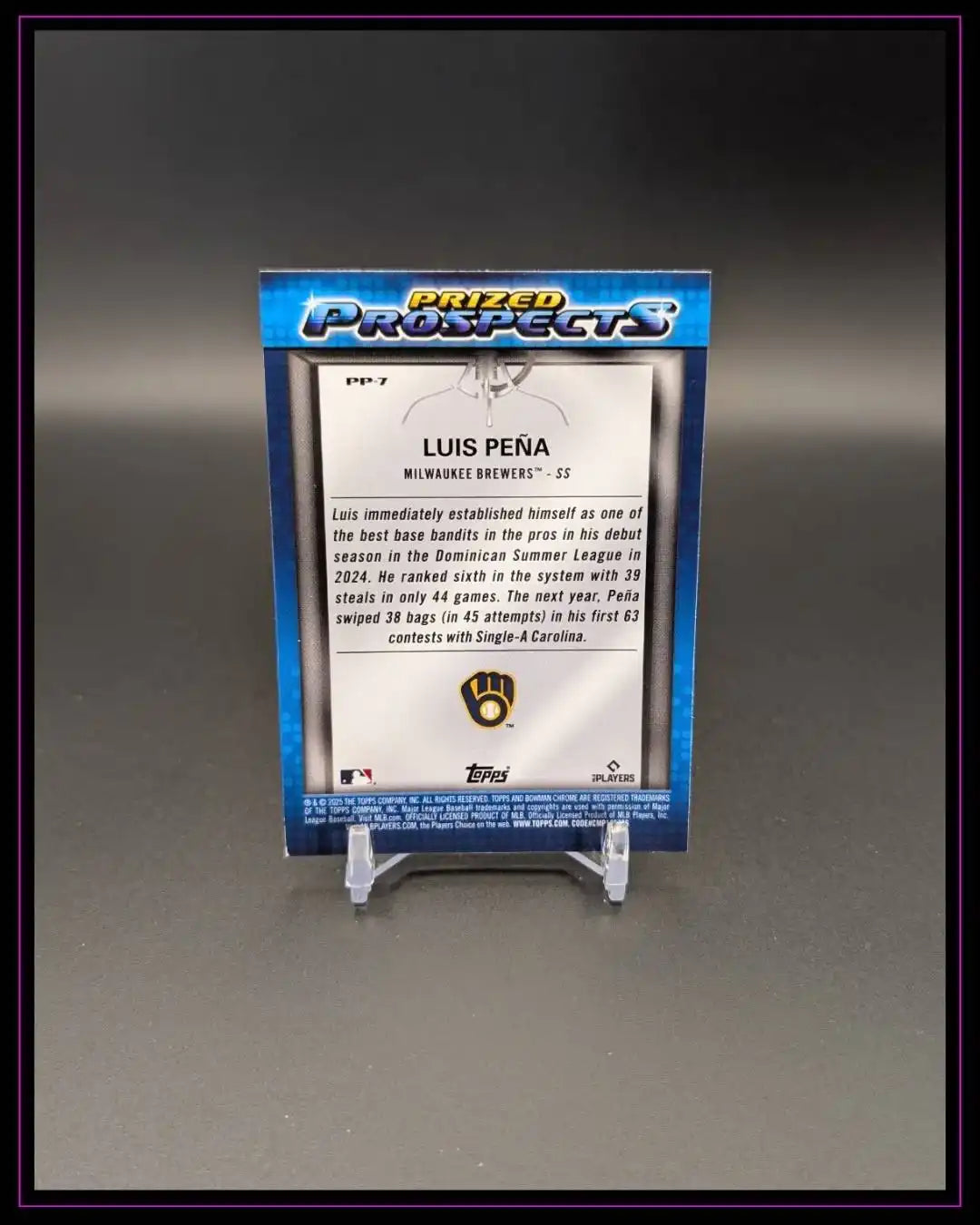 Baseball Trading Card Rückseite, Luis Peña Milwaukee Brewers, Prized Prospects, auf Ständer