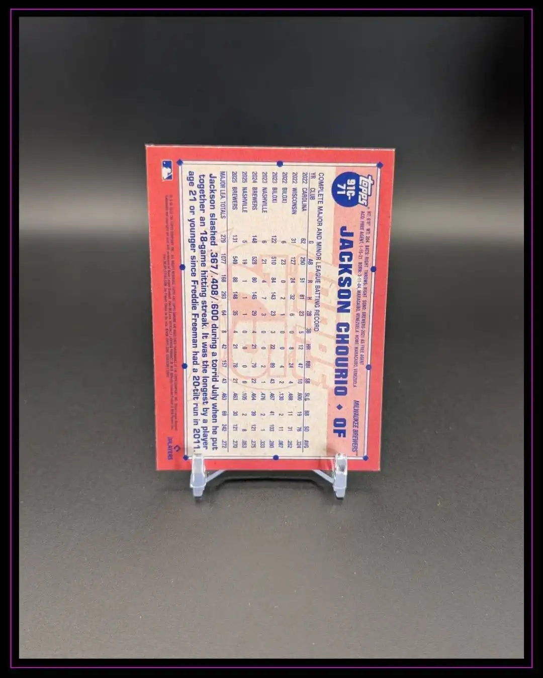 2026 Topps #91C-71 Jackson Chourio 1991 35th Anniversary Mojo Purple Ref /250