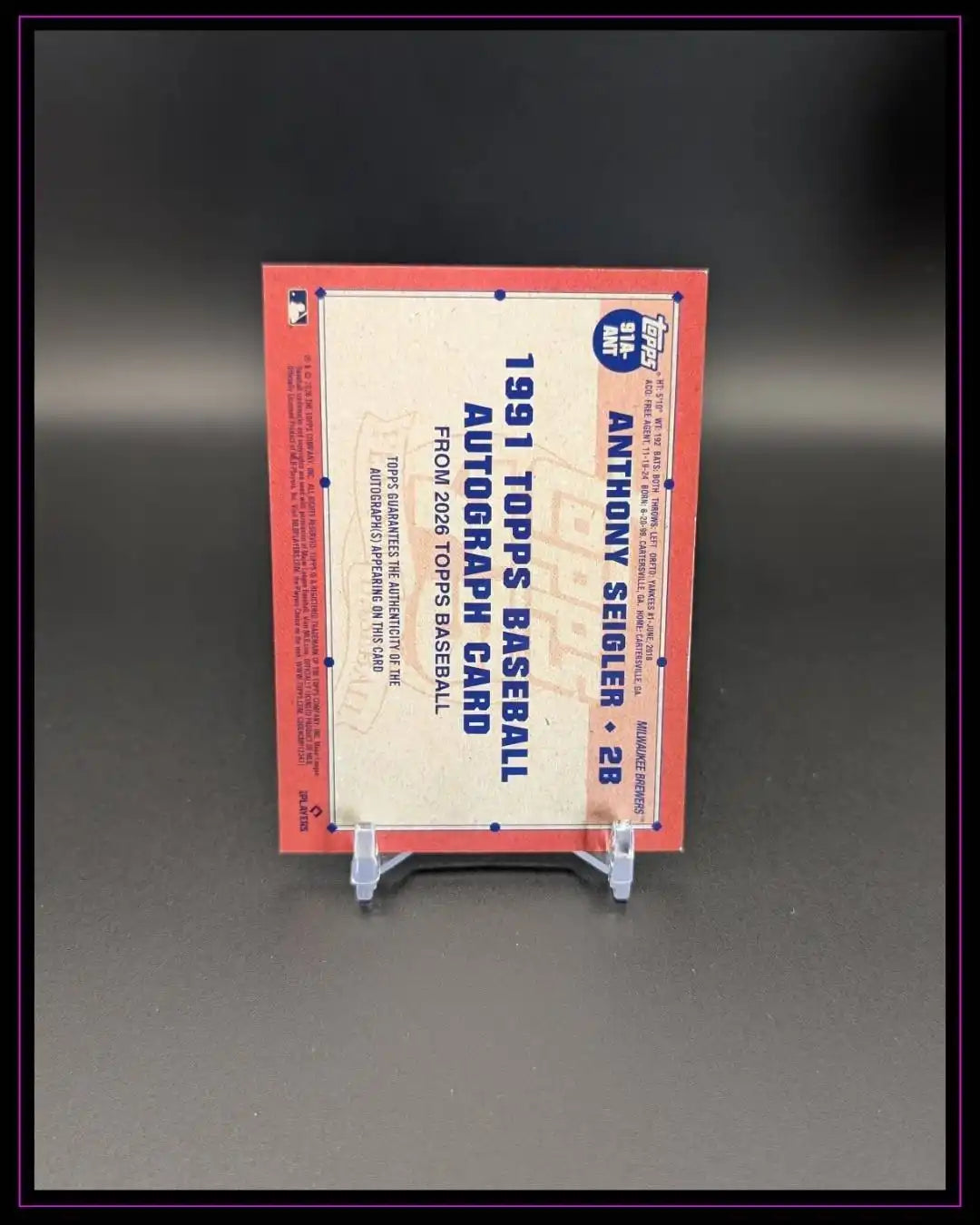 2026 Topps Series 1 #91A-ANT Anthony Seigler 1991 35th Anniversary Auto RC