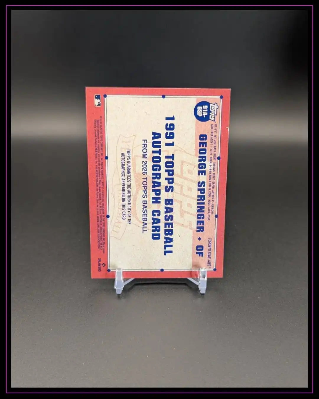 2026 Topps #91A-GSP George Springer 1991  35th Anniversary Auto Green /99